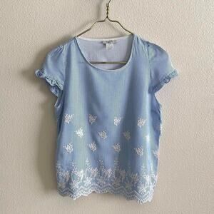 vintage April blue white striped embroidered top size S